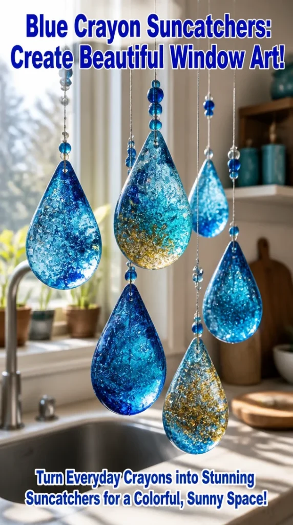 Colorful blue crayon suncatchers hanging in a sunny window