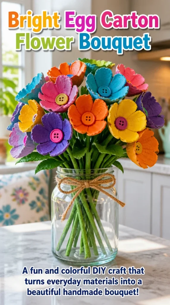Bright egg carton flower bouquet showcasing colorful handmade flowers