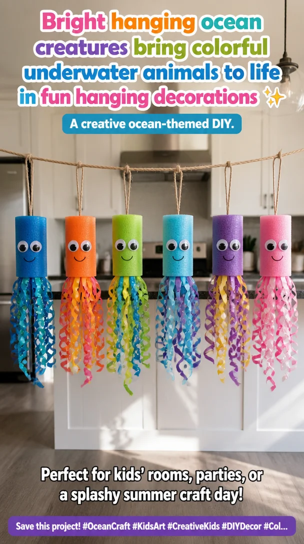 Colorful hanging decorations of ocean creatures for home and kids' art projects.