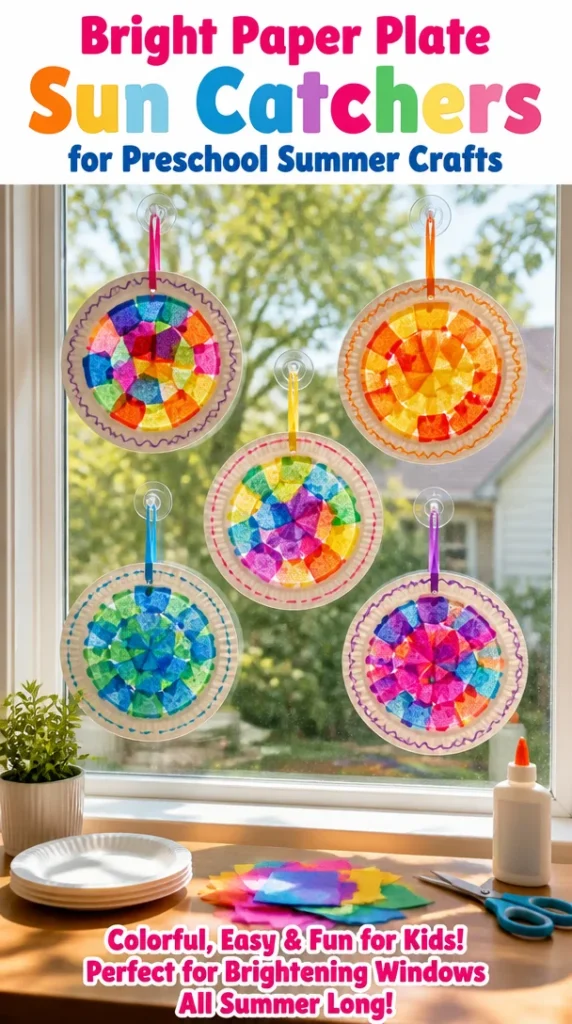 Colorful paper plate sun catchers made by preschoolers for summer crafts