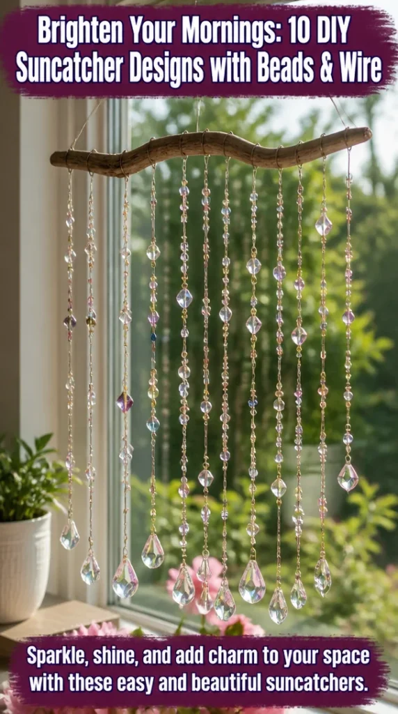 Colorful DIY suncatchers made with beads and wire brightening up a window
