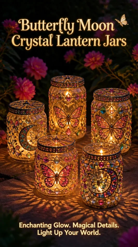 Butterfly Moon crystal lantern jars glowing softly in a cozy setting