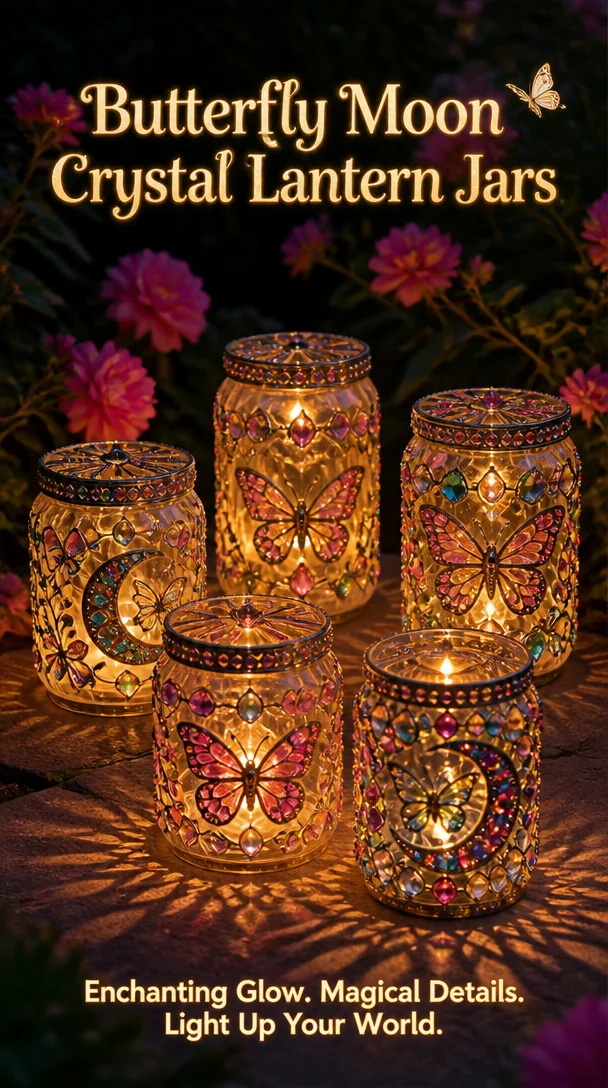 Butterfly Moon crystal lantern jars glowing softly in a cozy setting