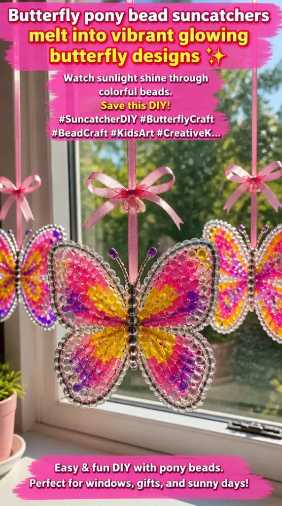 Vibrant butterfly suncatchers made from colorful pony beads shining in sunlight