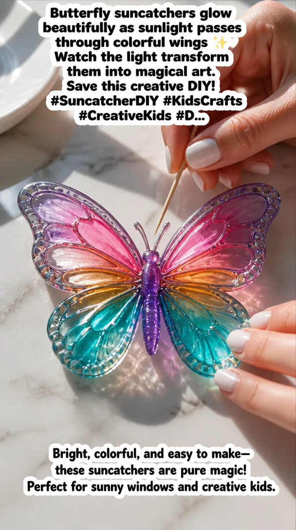 Butterfly suncatchers glow beautifully as sunlight passes through colorful wings ✨ Watch the light transform them into magical art. Save this creative DIY! #SuncatcherDIY #KidsCrafts #CreativeKids #D...