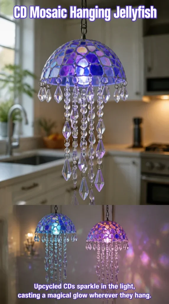 Colorful CD Mosaic Hanging Jellyfish decoration for home interiors.
