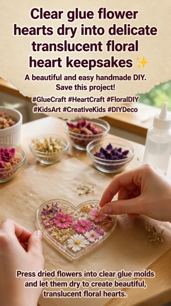 Delicate translucent floral heart keepsakes made with clear glue and flower petals.