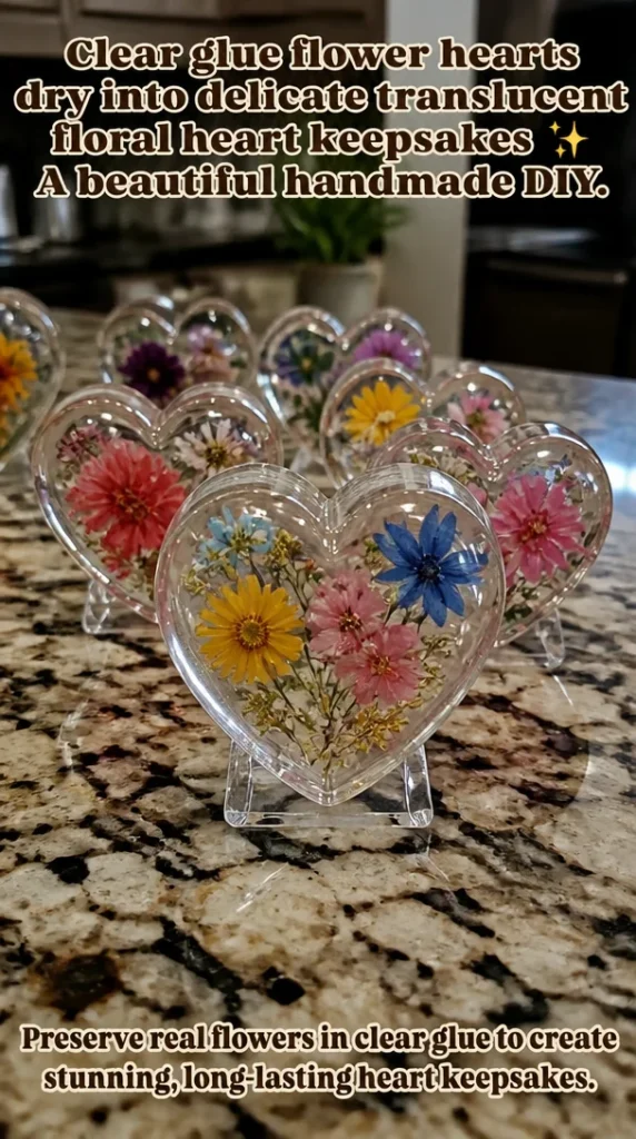 Delicate translucent flower hearts made with clear glue in a beautiful DIY project.
