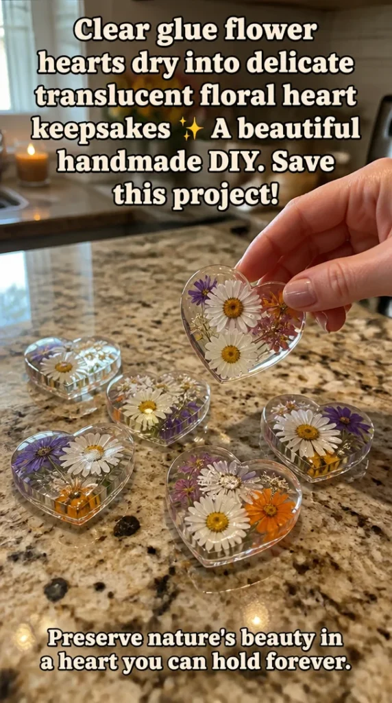 DIY clear glue hearts with delicate floral designs and translucent details