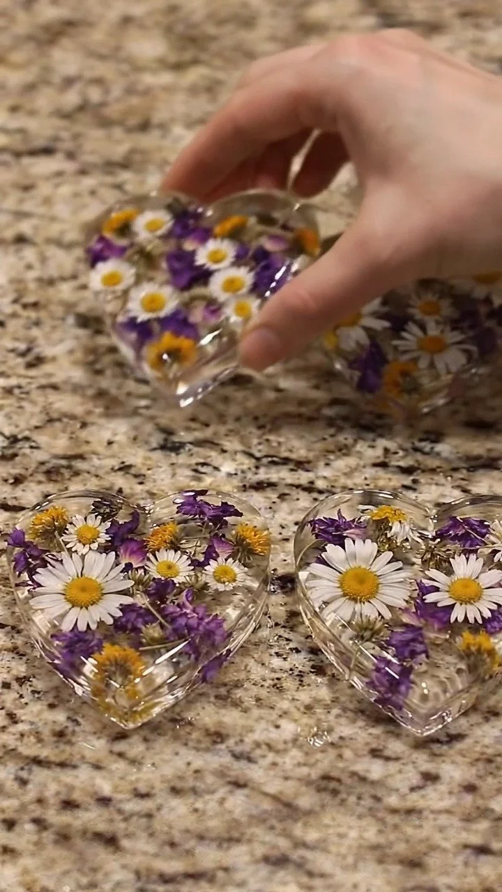 Clear glue flower hearts dry into delicate translucent floral heart keepsakes ✨ A beautiful handmade DIY. Save this project!