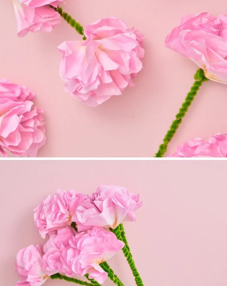 Colorful coffee filter flowers made through a simple DIY project for kids.
