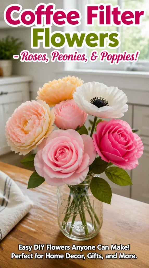 Colorful coffee filter flowers including roses, peonies, and poppies crafted from paper.