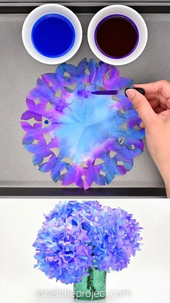 DIY coffee filter hydrangeas made from colorful coffee filters