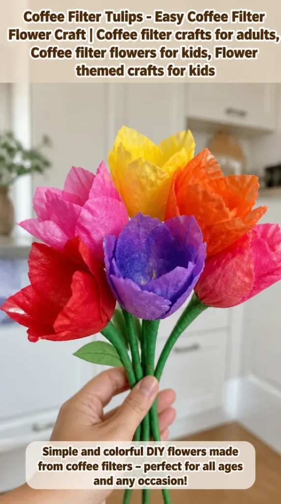 Colorful coffee filter tulips in a vase, showcasing an easy crafting project.