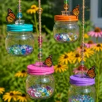 Colorful butterfly nectar feeders attracting butterflies in a vibrant garden.