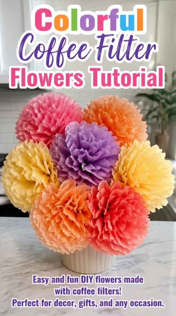 Colorful coffee filter flowers made in a DIY tutorial.
