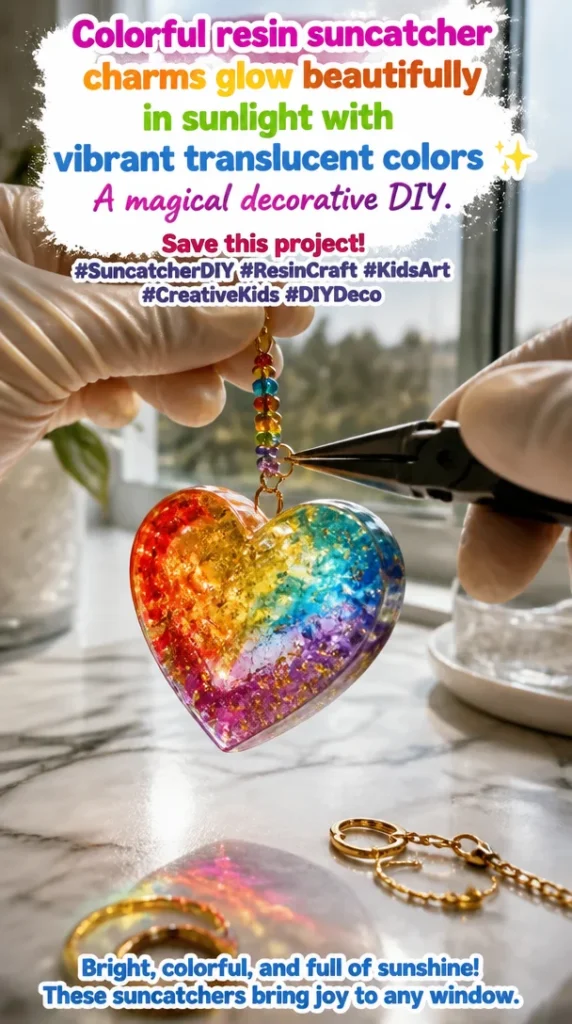 Colorful resin suncatcher charms glowing in sunlight with vibrant colors.