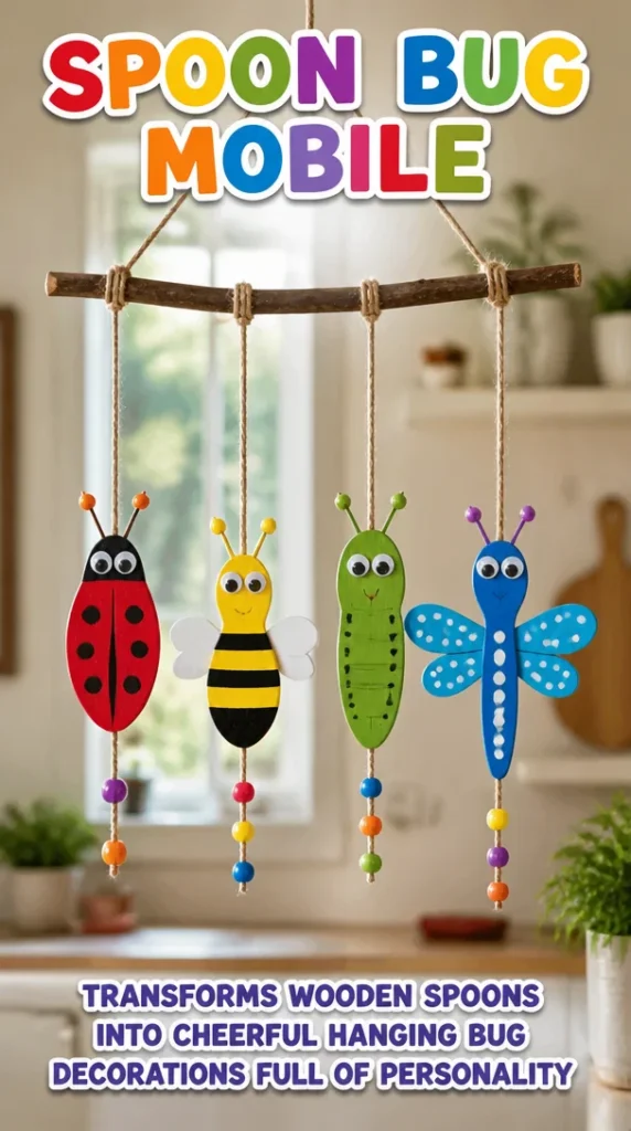 Colorful spoon bug mobile made of wooden spoon decorations hanging cheerfully