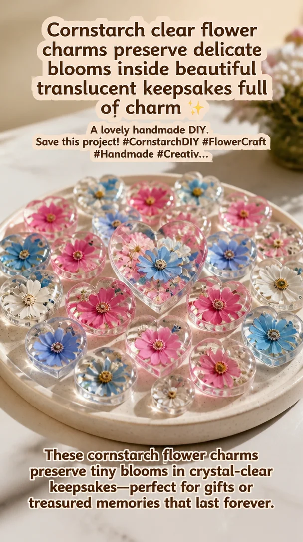 Handmade cornstarch flower charms preserving delicate blooms in translucent keepsakes.