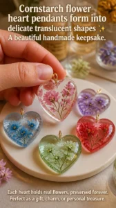 Cornstarch flower heart pendants form into delicate translucent shapes