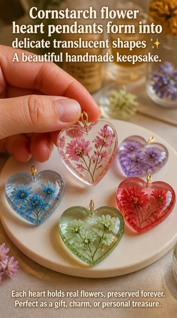 Delicate translucent cornstarch flower heart pendants, handmade keepsake jewelry