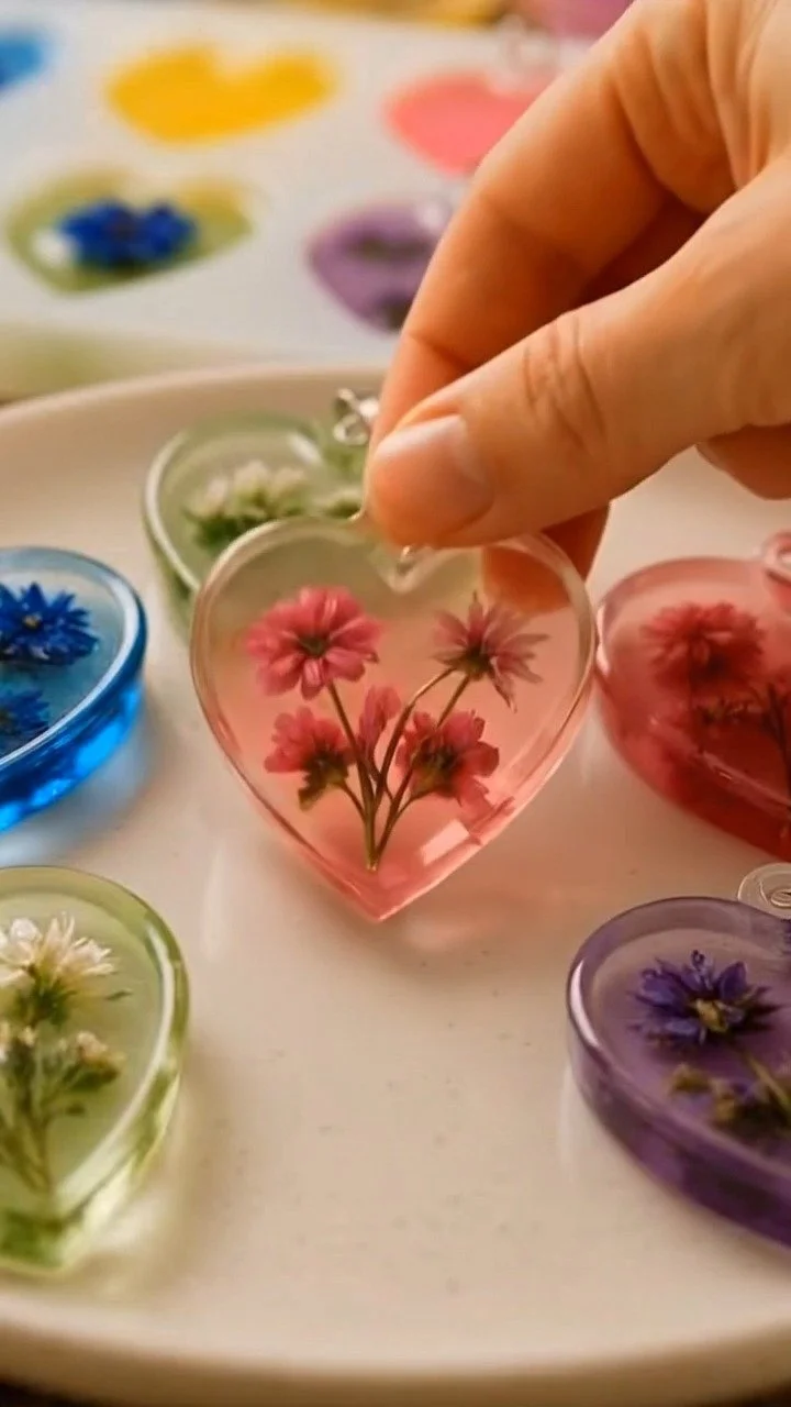 Cornstarch flower heart pendants form into delicate translucent shapes ✨ A beautiful handmade keepsake.