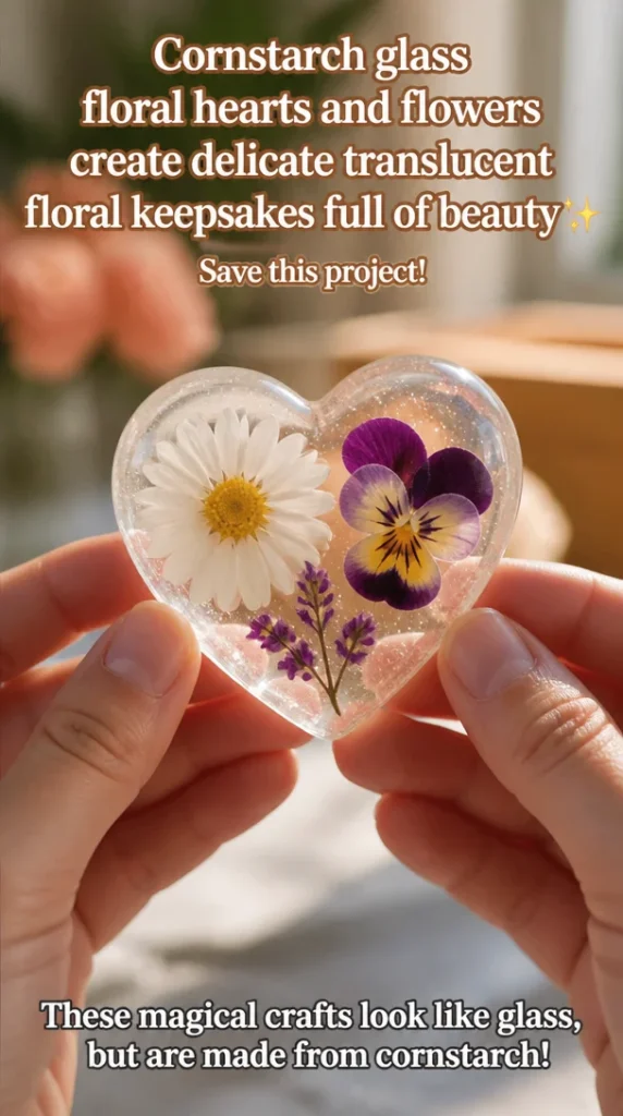 Translucent floral keepsakes with cornstarch glass hearts and flowers