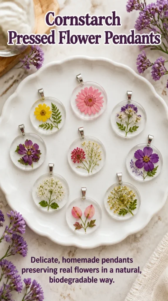 Cornstarch pressed flower pendants showcasing vibrant flowers