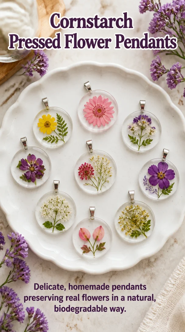 Cornstarch pressed flower pendants showcasing vibrant flowers