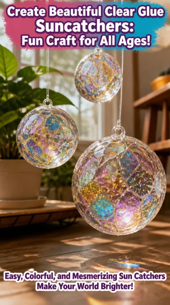 Colorful clear glue suncatchers crafted by various ages, brightening windows.