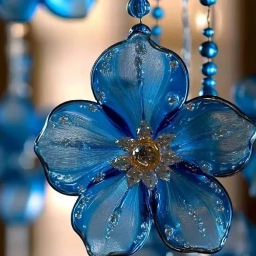 Beautiful blue sun catchers reflecting sunlight in a bright room.