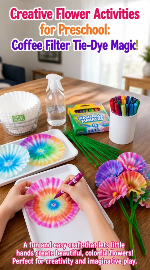 Coffee filter tie-dye flowers activity for preschool creativity