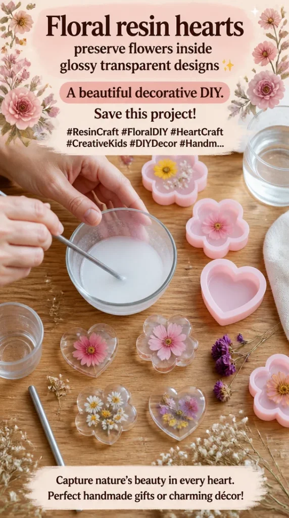 Beautiful floral resin hearts showcasing preserved flowers in glossy designs