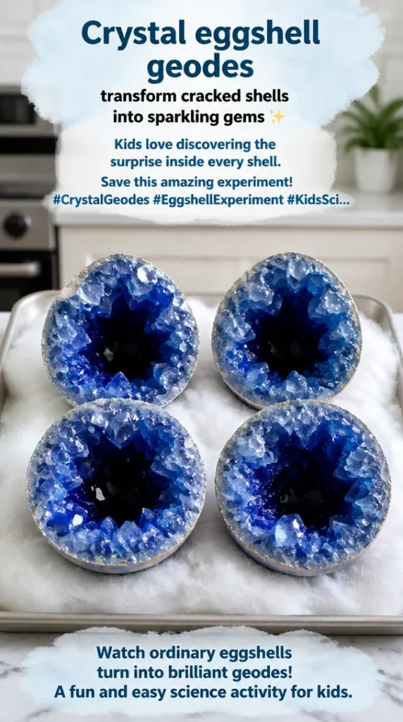 Colorful crystal geodes emerging from cracked eggshells, showcasing a fun kids' experiment.