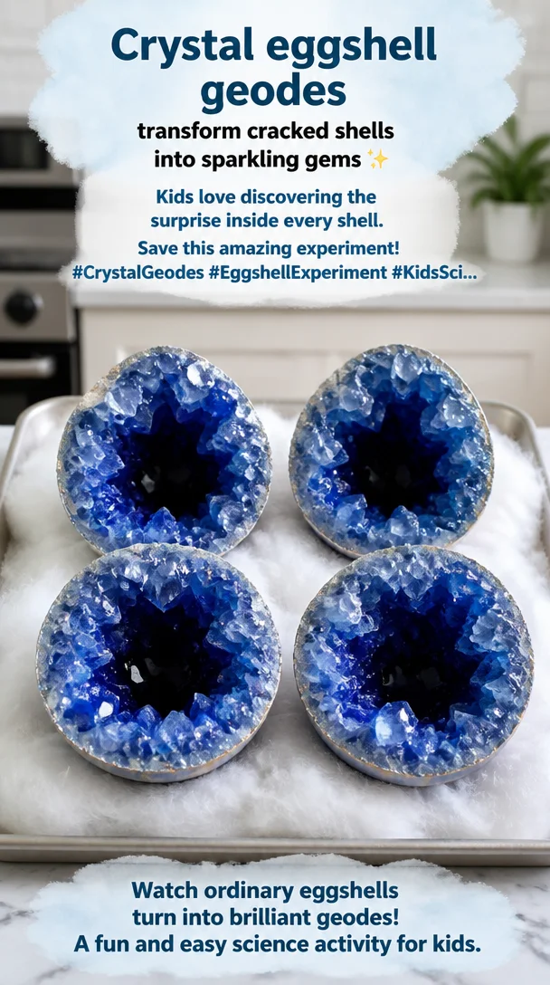 Crystal eggshell geodes transform cracked shells into sparkling gems ✨ Kids love discovering the surprise inside every shell. Save this amazing experiment! #CrystalGeodes #EggshellExperiment #KidsSci...