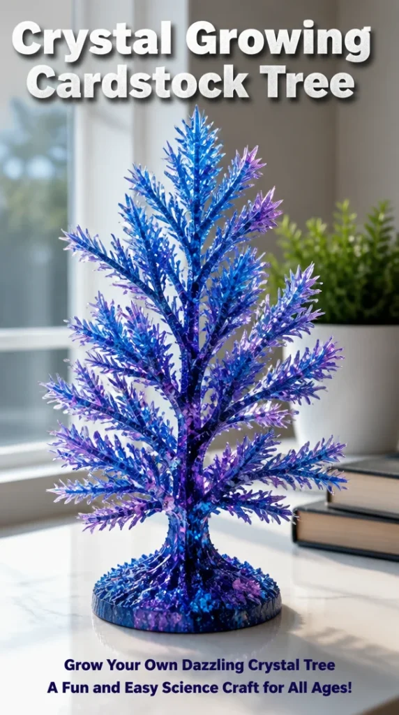 Cardstock tree for crystal growing project with colorful crystal formations.