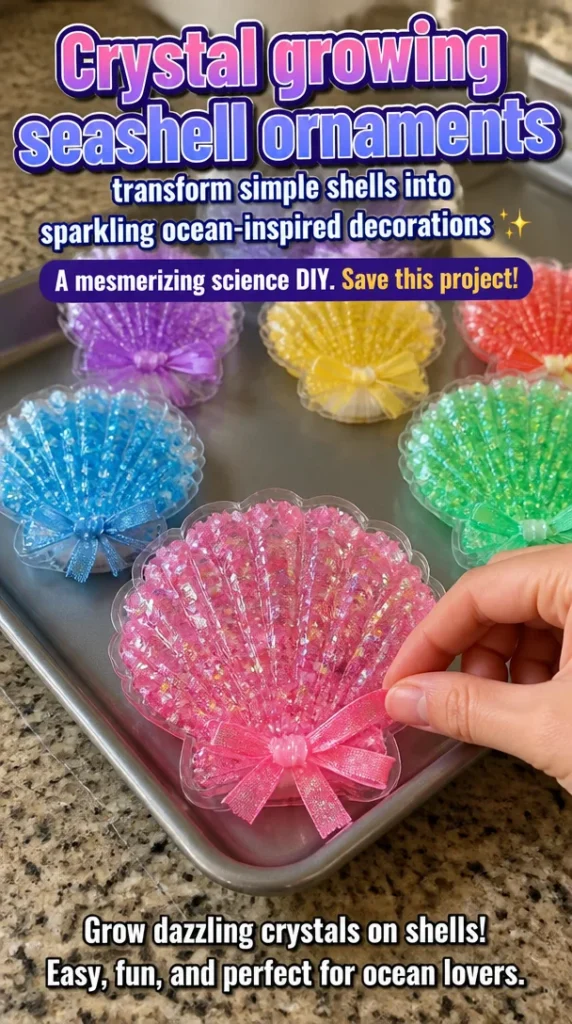 Crystal growing seashell ornaments sparkling decorations DIY project