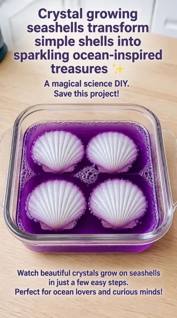 Sparkling seashells with crystal growth inspired by ocean treasures.