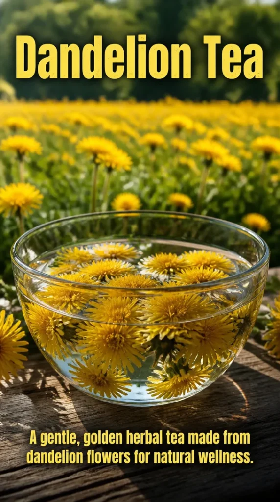 Cup of dandelion tea with dandelion flowers and leaves