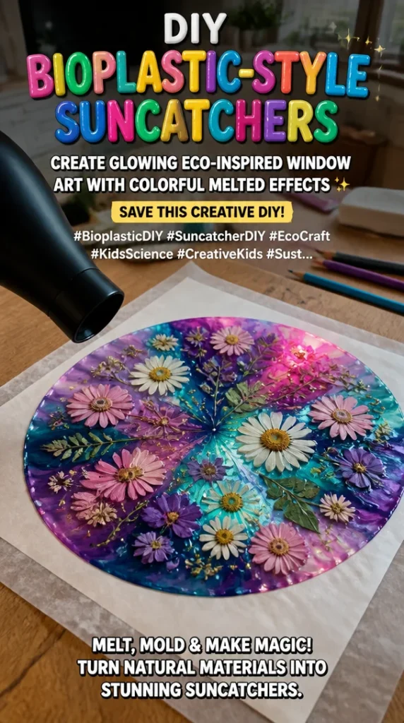 DIY bioplastic suncatchers with colorful melted effects for eco-inspired window art.