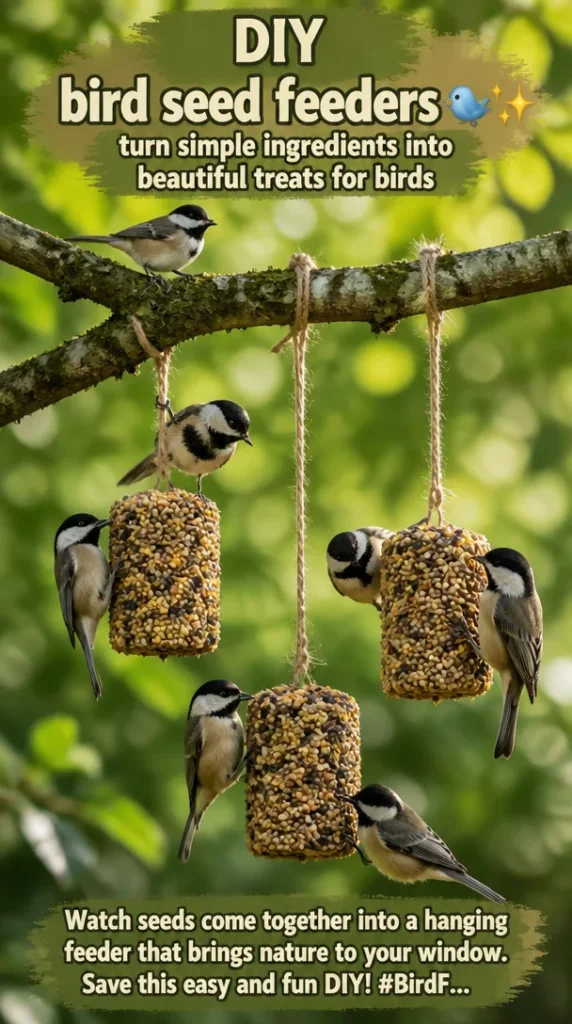 DIY bird seed feeders made from simple ingredients hanging by a window.