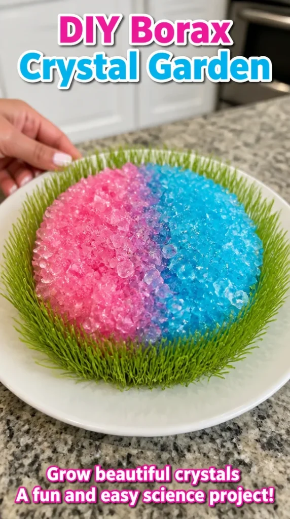 Colorful borax crystal garden growing in a clear container.