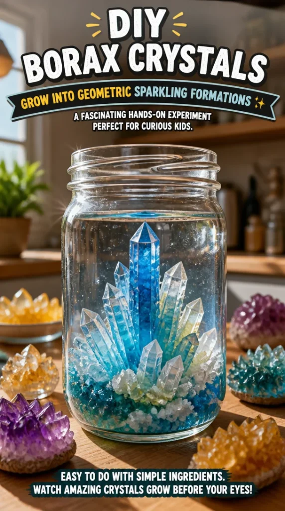Geometric borax crystals formed in a colorful experiment for kids
