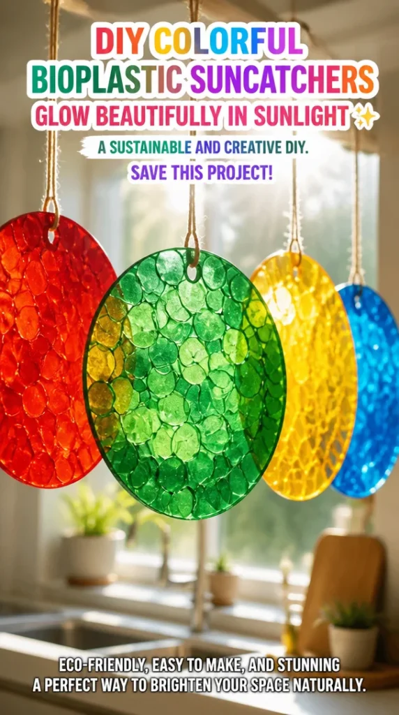 Colorful DIY bioplastic suncatchers glowing in sunlight.
