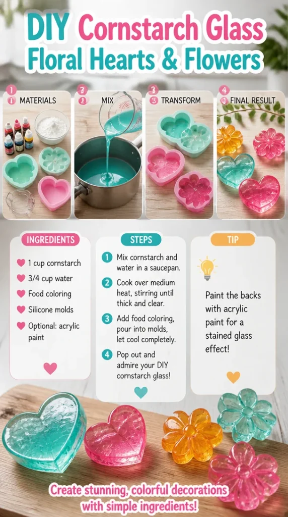 DIY cornstarch glass hearts and flowers for creative home decor