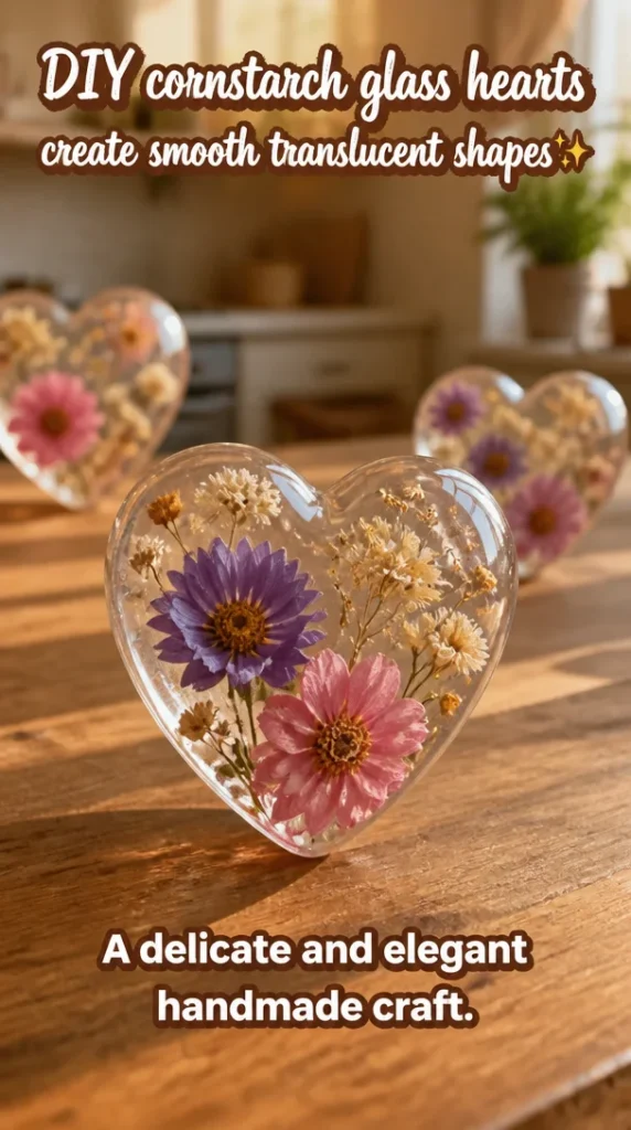 Handmade DIY cornstarch glass hearts in smooth translucent shapes for elegant decor
