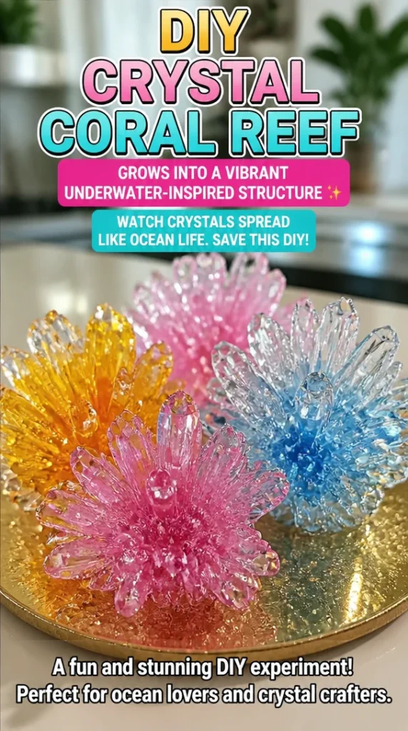 DIY crystal coral reef structure with vibrant crystals resembling ocean life
