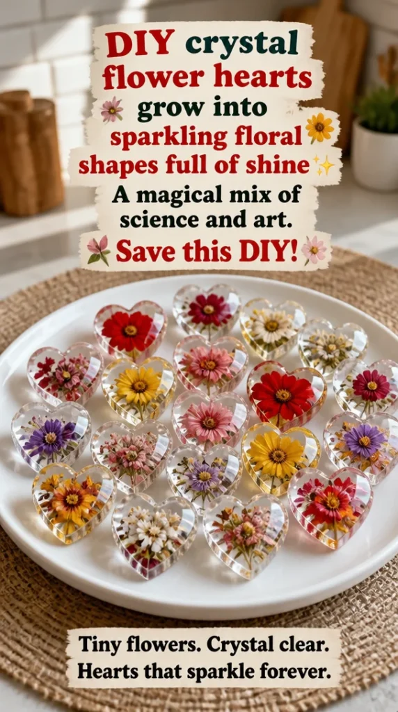 Colorful DIY crystal flower hearts shining with sparkling floral shapes.
