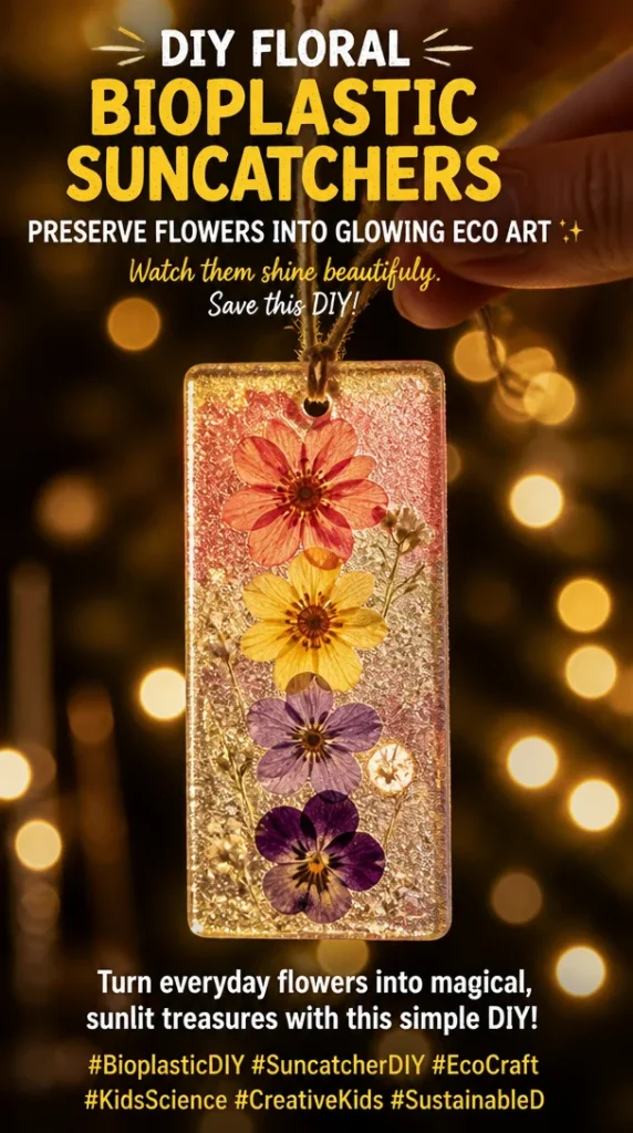 Colorful DIY floral bioplastic suncatchers displaying preserved flowers as eco art.