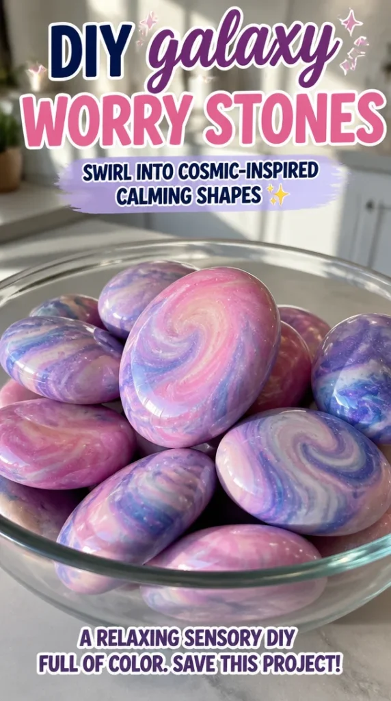 DIY galaxy worry stones in vibrant colors for sensory relaxation and calm.